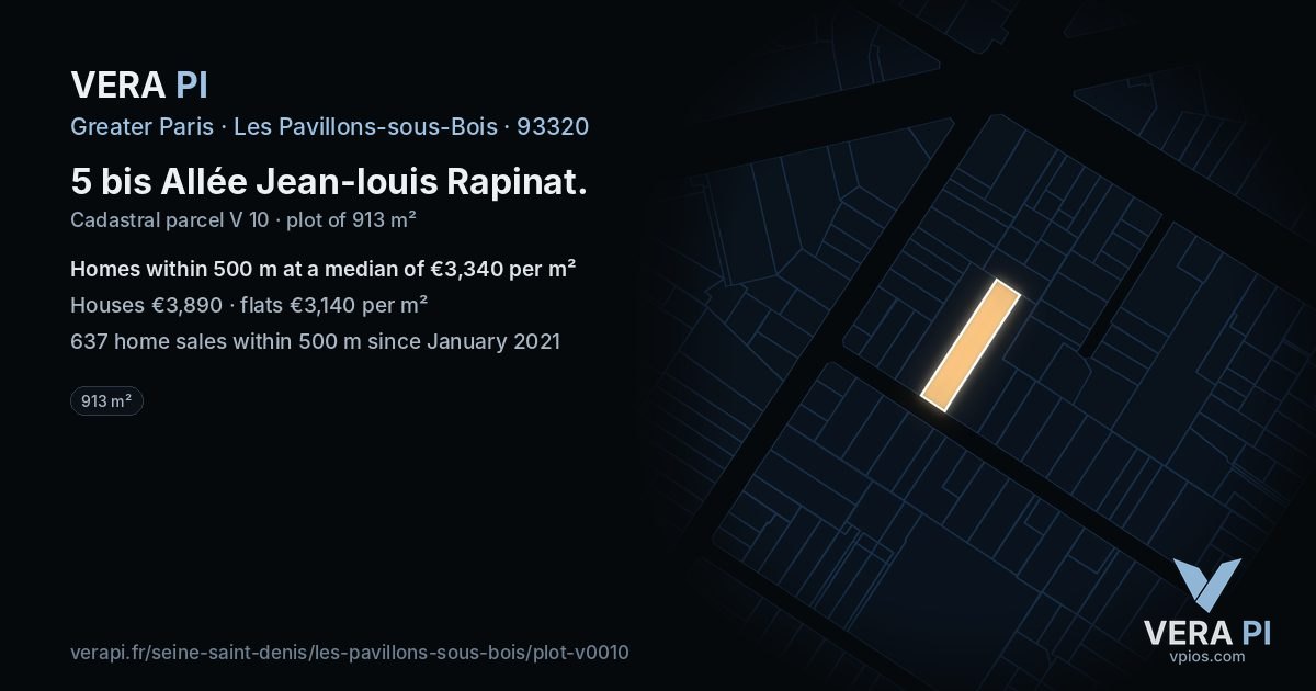 5 bis Allée Jean-louis Rapinat, Les Pavillons-sous-Bois at night – the plot lit, the parcels around coloured by the prices near them