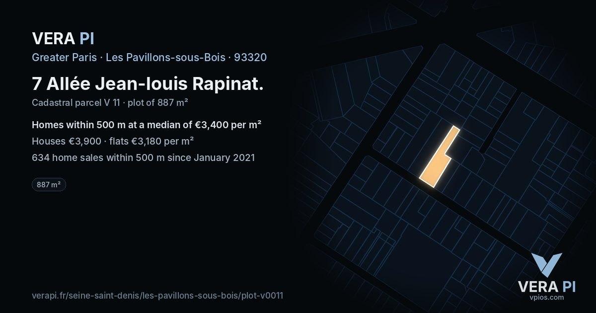 7 Allée Jean-louis Rapinat, Les Pavillons-sous-Bois at night – the plot lit, the parcels around coloured by the prices near them