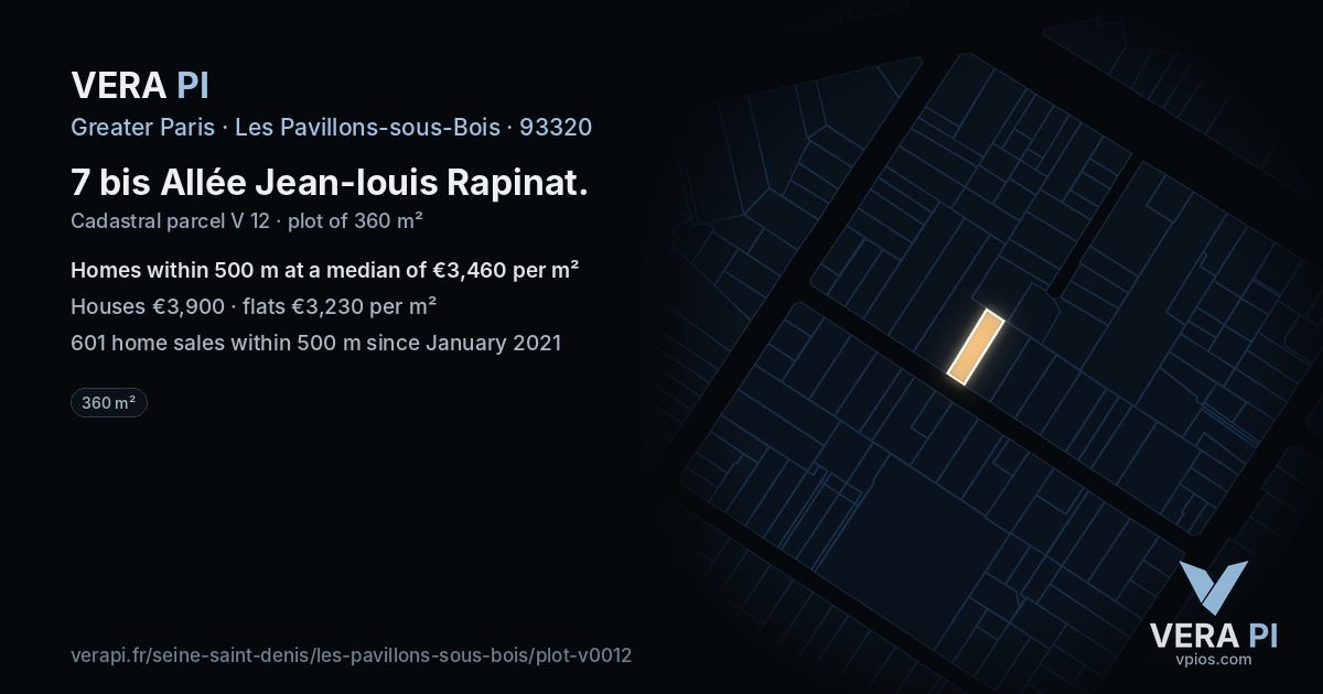 7 bis Allée Jean-louis Rapinat, Les Pavillons-sous-Bois at night – the plot lit, the parcels around coloured by the prices near them