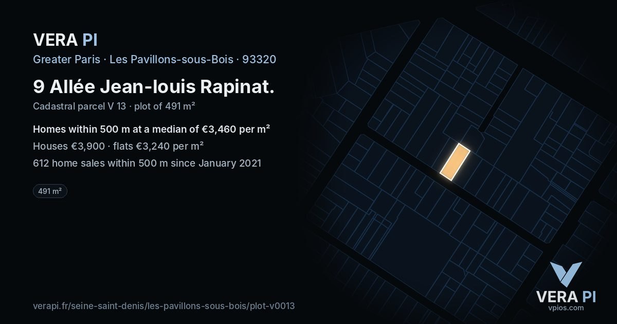 9 Allée Jean-louis Rapinat, Les Pavillons-sous-Bois at night – the plot lit, the parcels around coloured by the prices near them