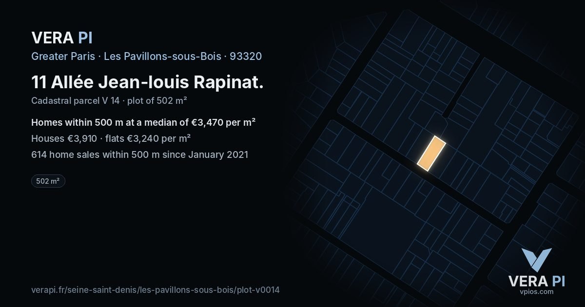 11 Allée Jean-louis Rapinat, Les Pavillons-sous-Bois at night – the plot lit, the parcels around coloured by the prices near them