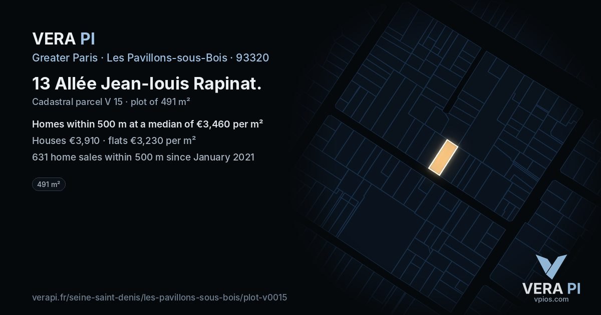 13 Allée Jean-louis Rapinat, Les Pavillons-sous-Bois at night – the plot lit, the parcels around coloured by the prices near them