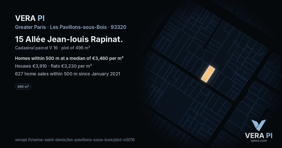 15 Allée Jean-louis Rapinat, Les Pavillons-sous-Bois at night – the plot lit, the parcels around coloured by the prices near them