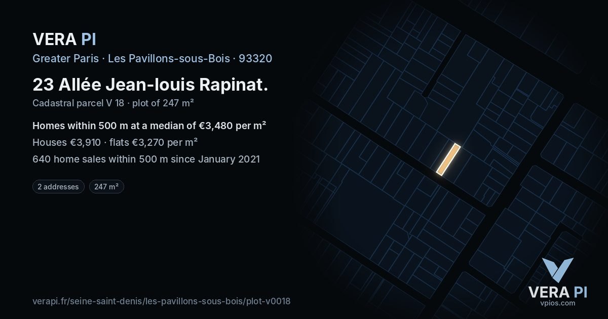 23 Allée Jean-louis Rapinat, Les Pavillons-sous-Bois at night – the plot lit, the parcels around coloured by the prices near them