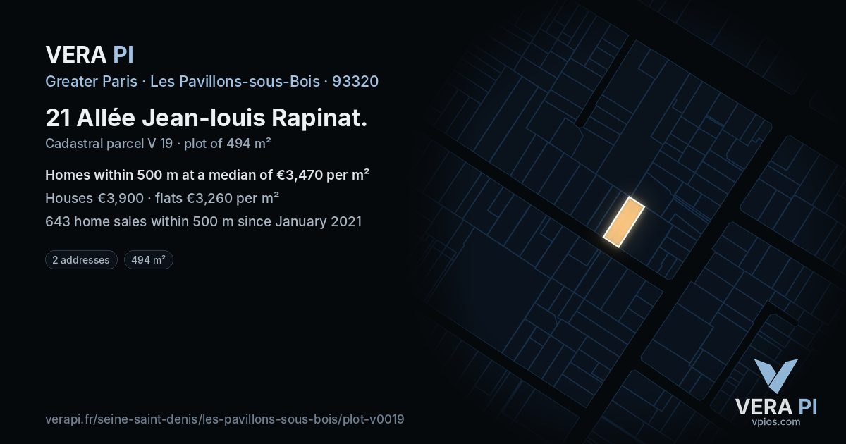 21 Allée Jean-louis Rapinat, Les Pavillons-sous-Bois at night – the plot lit, the parcels around coloured by the prices near them