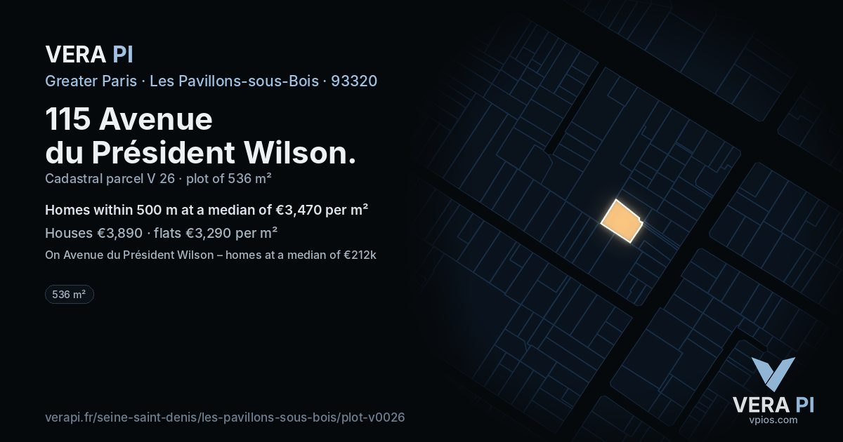115 Avenue du Président Wilson, Les Pavillons-sous-Bois at night – the plot lit, the parcels around coloured by the prices near them