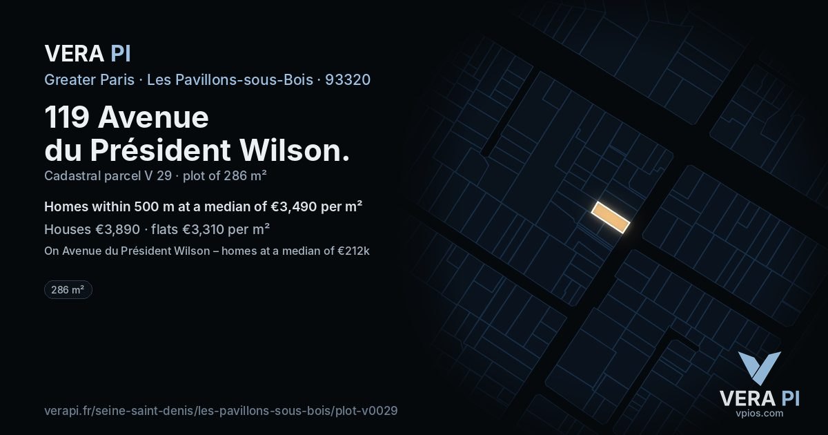119 Avenue du Président Wilson, Les Pavillons-sous-Bois at night – the plot lit, the parcels around coloured by the prices near them