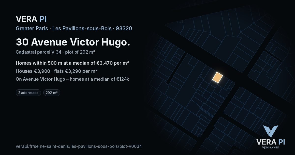 30 Avenue Victor Hugo, Les Pavillons-sous-Bois at night – the plot lit, the parcels around coloured by the prices near them