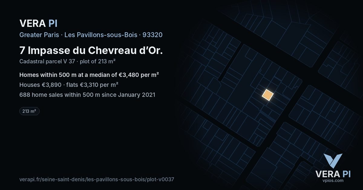 7 Impasse du Chevreau d’Or, Les Pavillons-sous-Bois at night – the plot lit, the parcels around coloured by the prices near them