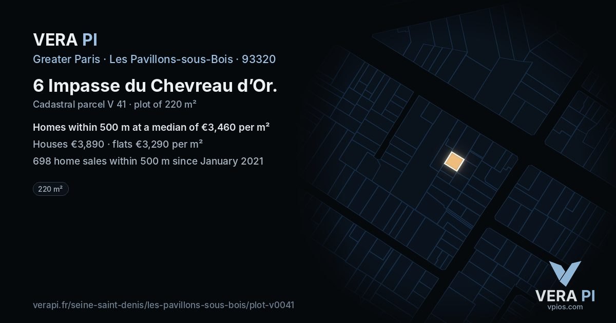 6 Impasse du Chevreau d’Or, Les Pavillons-sous-Bois at night – the plot lit, the parcels around coloured by the prices near them
