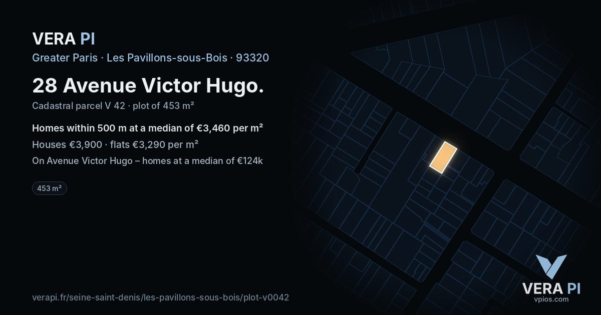 28 Avenue Victor Hugo, Les Pavillons-sous-Bois at night – the plot lit, the parcels around coloured by the prices near them