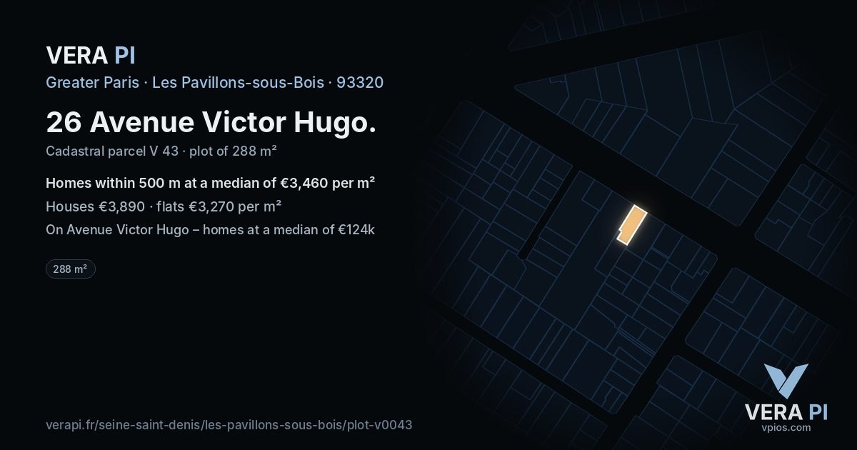 26 Avenue Victor Hugo, Les Pavillons-sous-Bois at night – the plot lit, the parcels around coloured by the prices near them