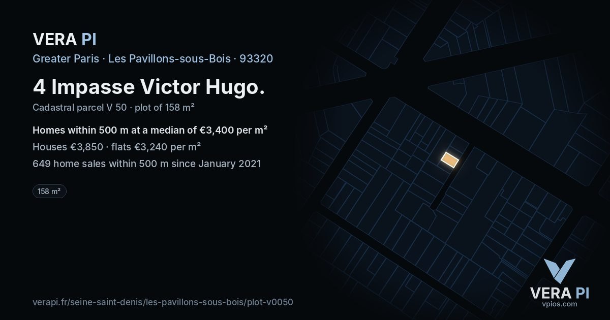 4 Impasse Victor Hugo, Les Pavillons-sous-Bois at night – the plot lit, the parcels around coloured by the prices near them