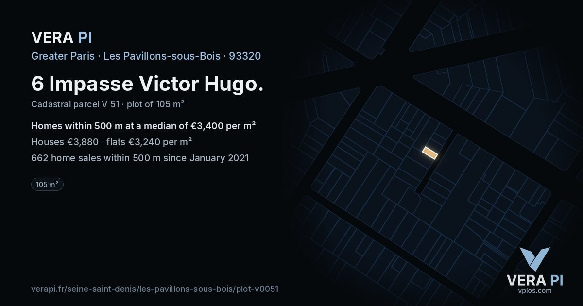 6 Impasse Victor Hugo, Les Pavillons-sous-Bois at night – the plot lit, the parcels around coloured by the prices near them