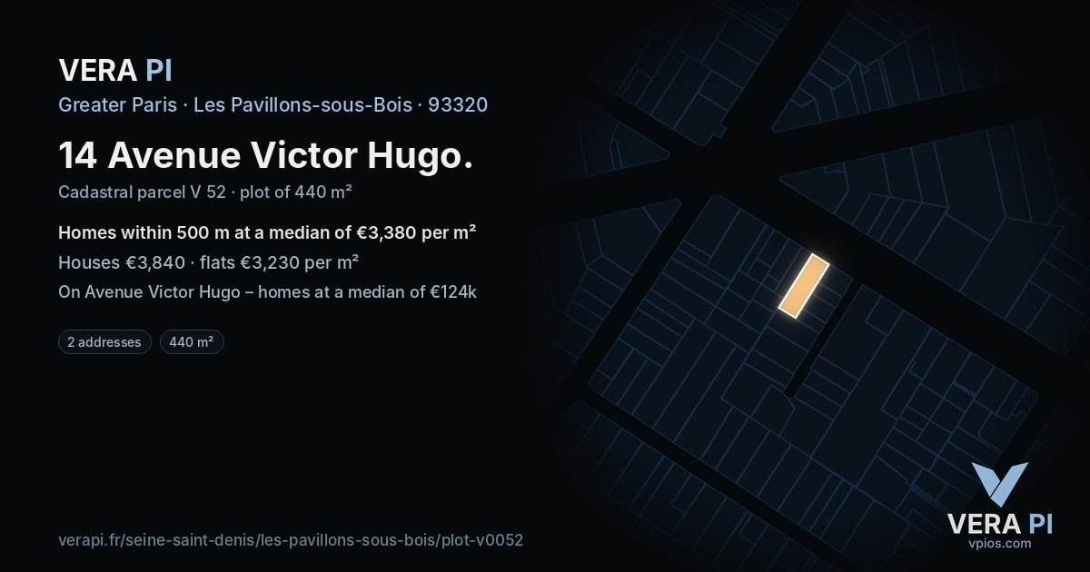 14 Avenue Victor Hugo, Les Pavillons-sous-Bois at night – the plot lit, the parcels around coloured by the prices near them