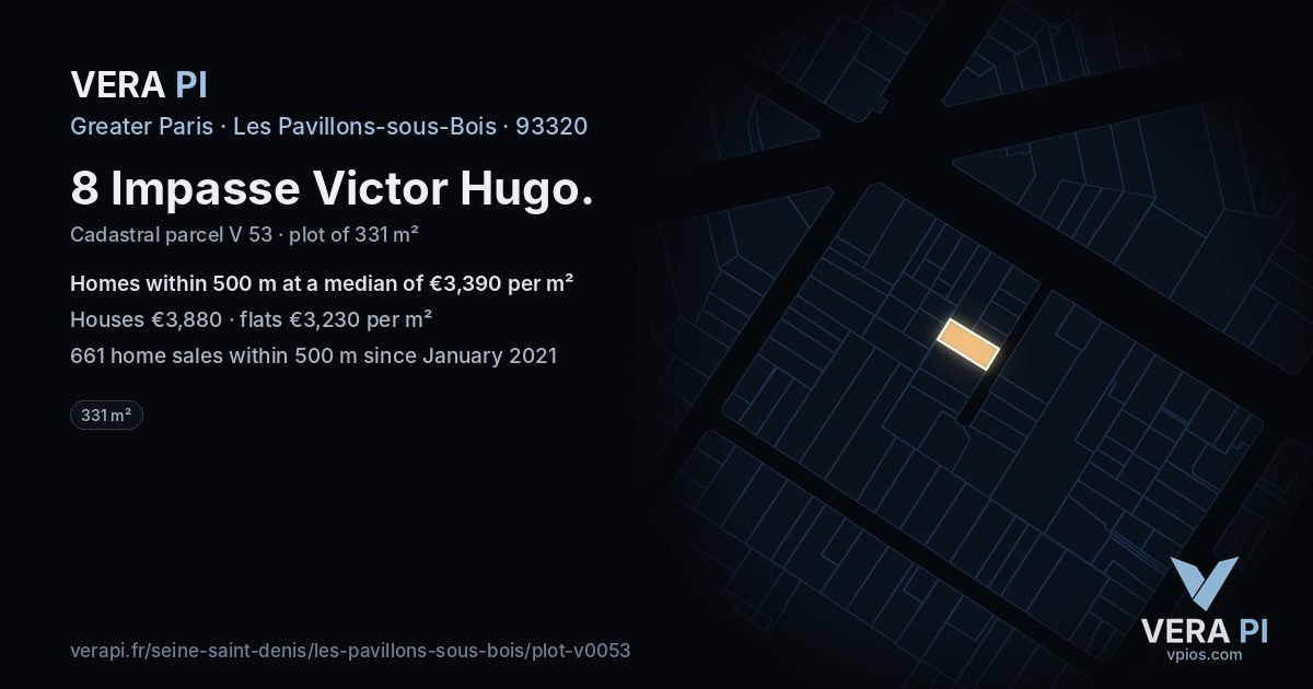 8 Impasse Victor Hugo, Les Pavillons-sous-Bois at night – the plot lit, the parcels around coloured by the prices near them