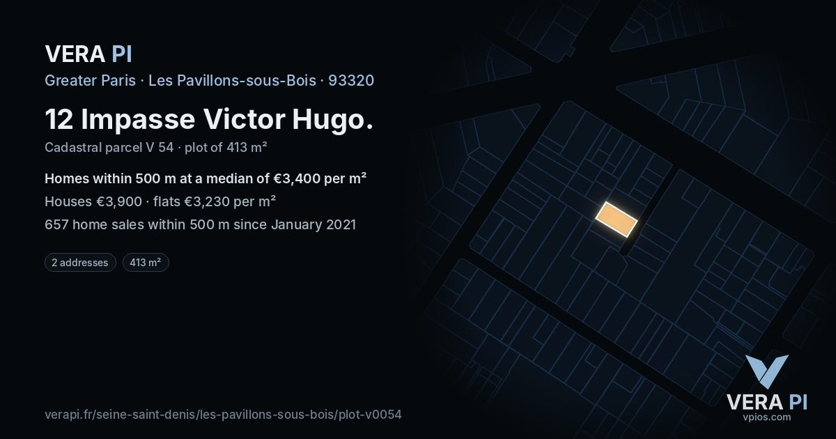 12 Impasse Victor Hugo, Les Pavillons-sous-Bois at night – the plot lit, the parcels around coloured by the prices near them