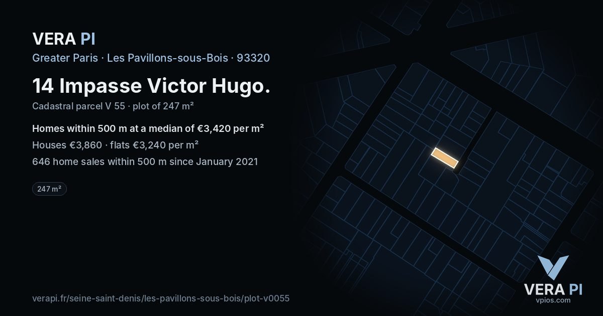 14 Impasse Victor Hugo, Les Pavillons-sous-Bois at night – the plot lit, the parcels around coloured by the prices near them