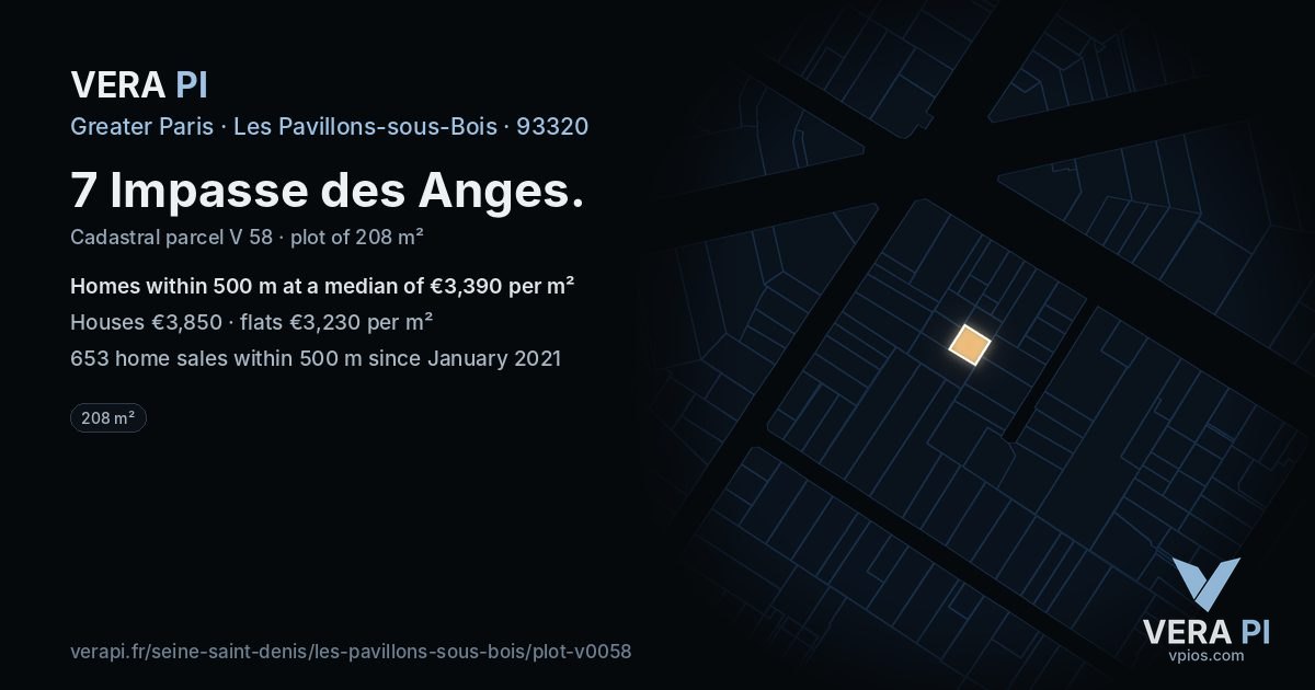 7 Impasse des Anges, Les Pavillons-sous-Bois at night – the plot lit, the parcels around coloured by the prices near them