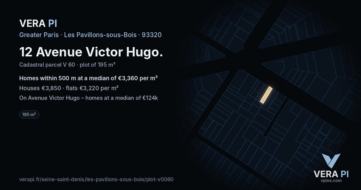 12 Avenue Victor Hugo, Les Pavillons-sous-Bois at night – the plot lit, the parcels around coloured by the prices near them