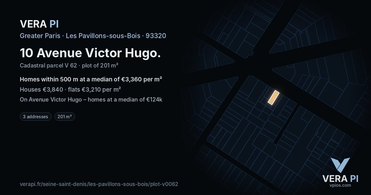 10 Avenue Victor Hugo, Les Pavillons-sous-Bois at night – the plot lit, the parcels around coloured by the prices near them