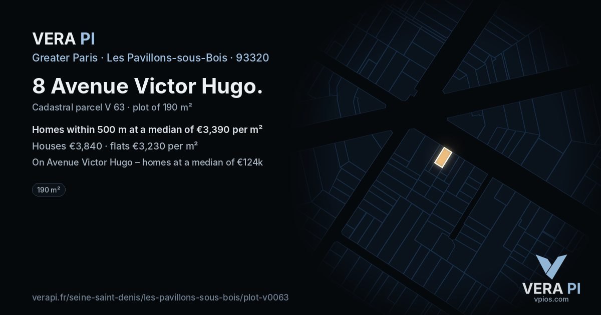 8 Avenue Victor Hugo, Les Pavillons-sous-Bois at night – the plot lit, the parcels around coloured by the prices near them