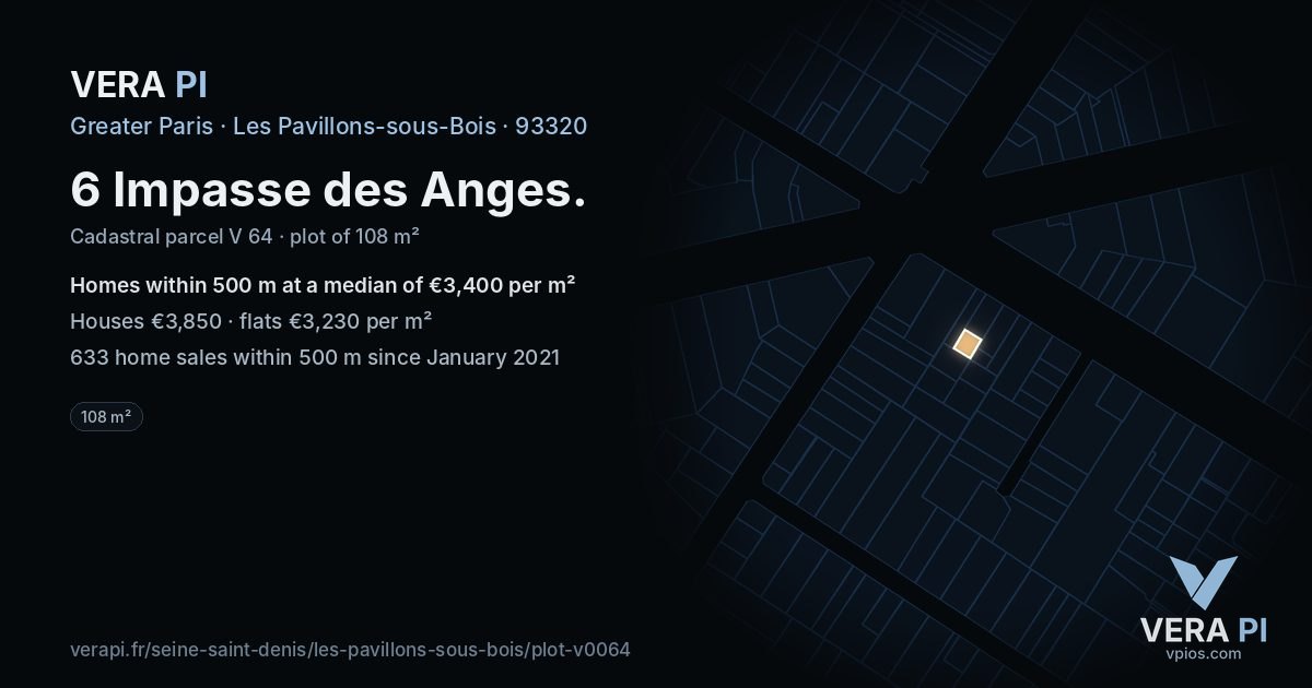 6 Impasse des Anges, Les Pavillons-sous-Bois at night – the plot lit, the parcels around coloured by the prices near them