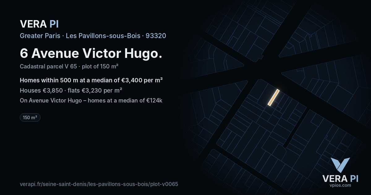 6 Avenue Victor Hugo, Les Pavillons-sous-Bois at night – the plot lit, the parcels around coloured by the prices near them