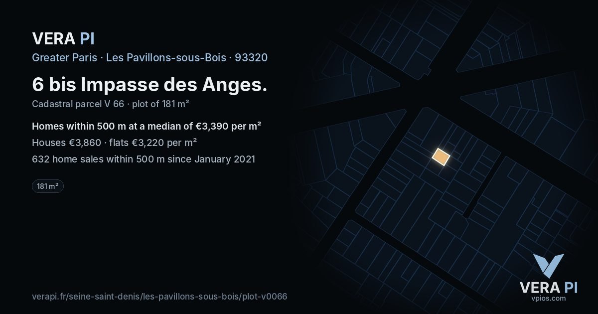 6 bis Impasse des Anges, Les Pavillons-sous-Bois at night – the plot lit, the parcels around coloured by the prices near them