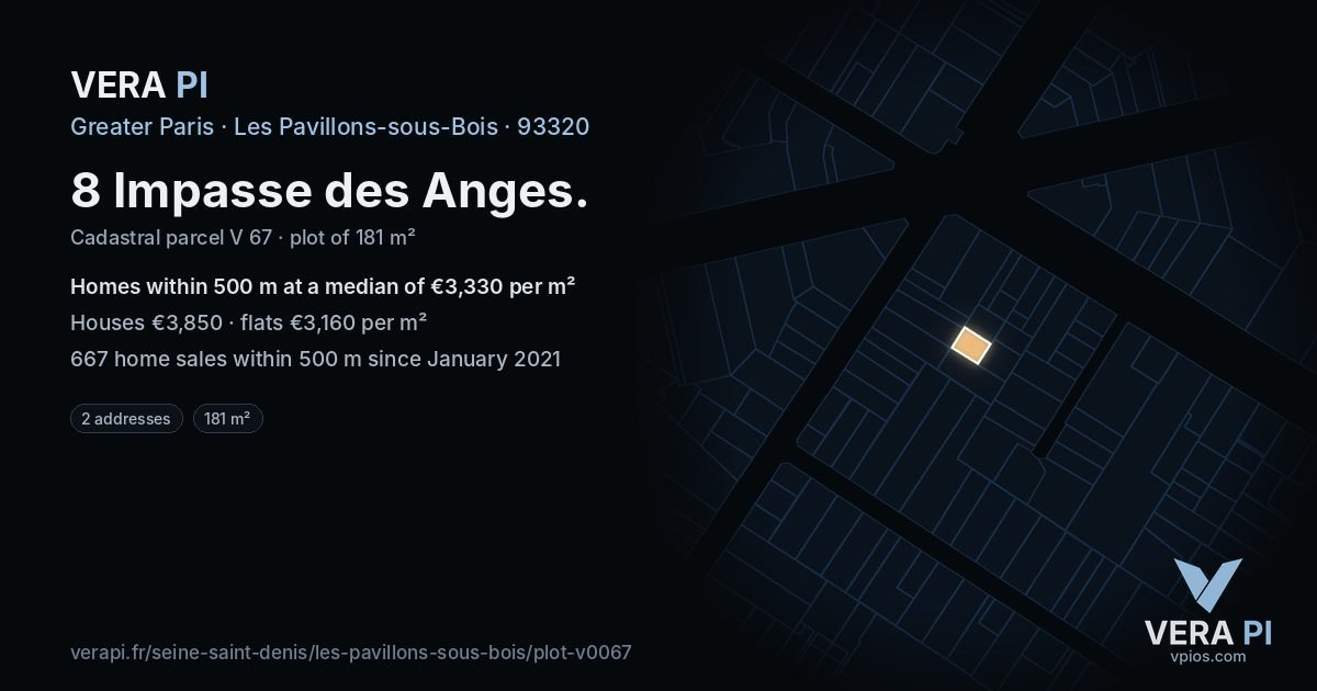 8 Impasse des Anges, Les Pavillons-sous-Bois at night – the plot lit, the parcels around coloured by the prices near them