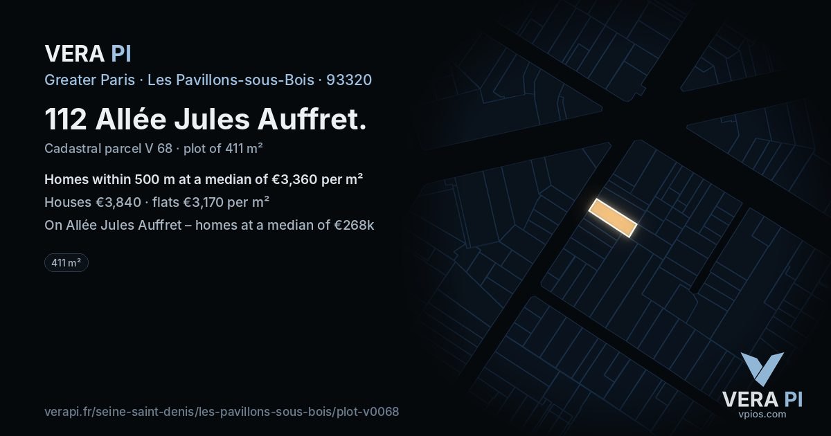 112 Allée Jules Auffret, Les Pavillons-sous-Bois at night – the plot lit, the parcels around coloured by the prices near them