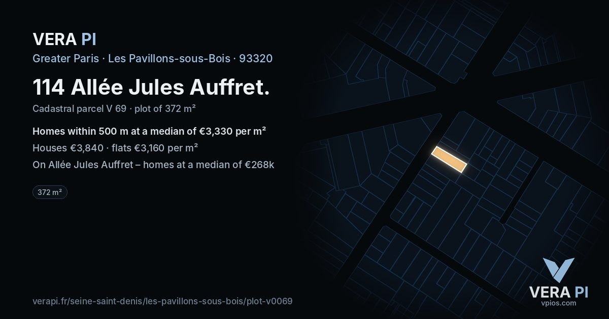 114 Allée Jules Auffret, Les Pavillons-sous-Bois at night – the plot lit, the parcels around coloured by the prices near them
