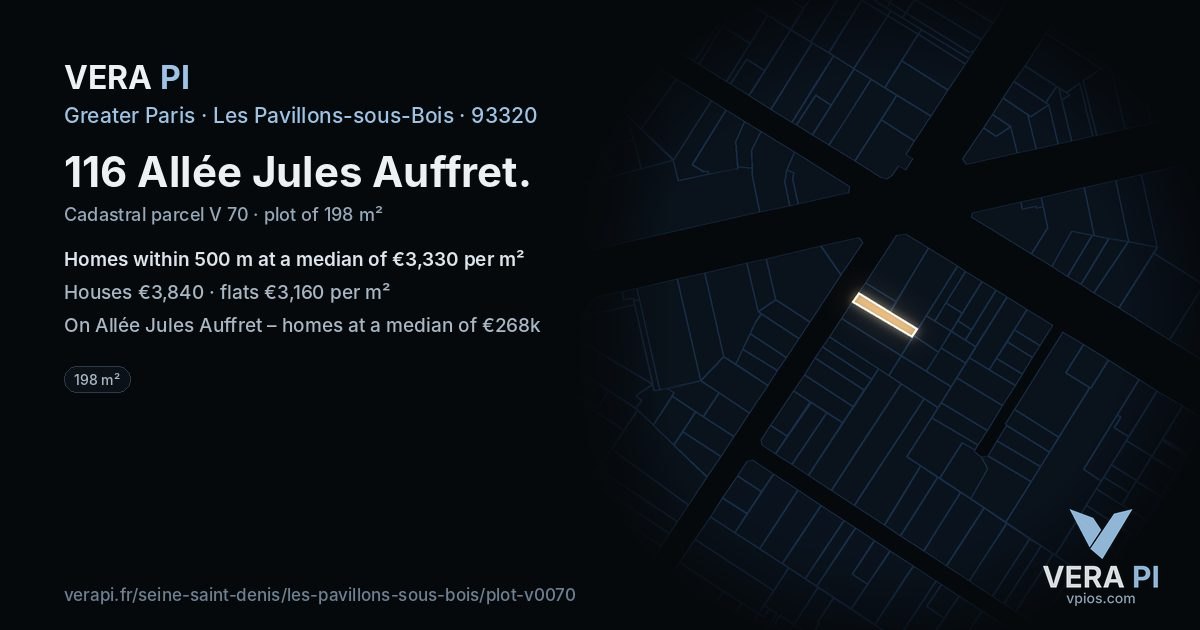 116 Allée Jules Auffret, Les Pavillons-sous-Bois at night – the plot lit, the parcels around coloured by the prices near them