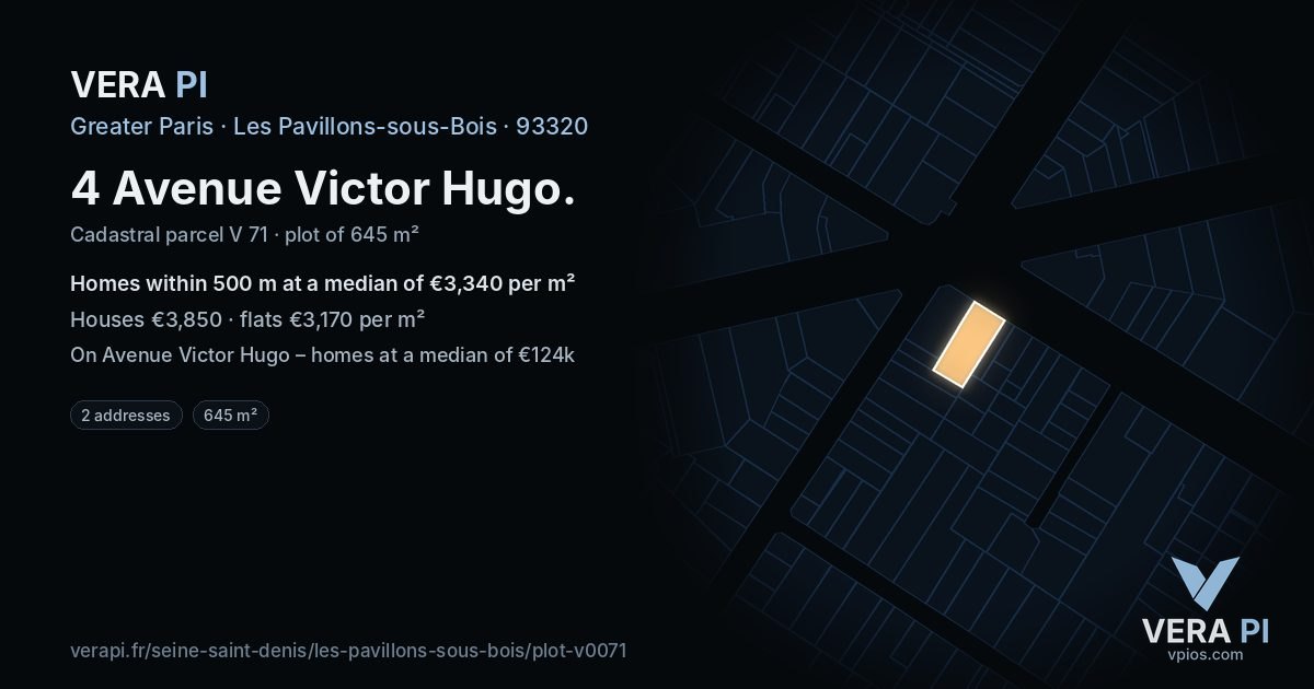 4 Avenue Victor Hugo, Les Pavillons-sous-Bois at night – the plot lit, the parcels around coloured by the prices near them