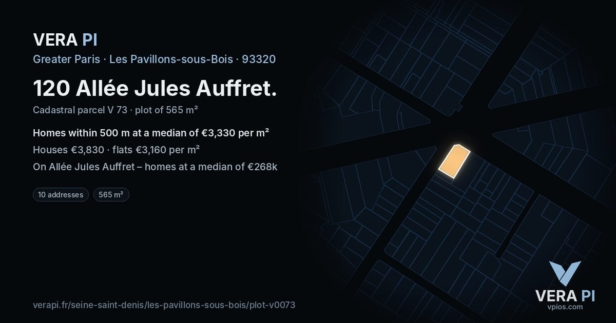 120 Allée Jules Auffret, Les Pavillons-sous-Bois at night – the plot lit, the parcels around coloured by the prices near them