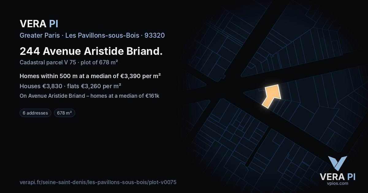 244 Avenue Aristide Briand, Les Pavillons-sous-Bois at night – the plot lit, the parcels around coloured by the prices near them