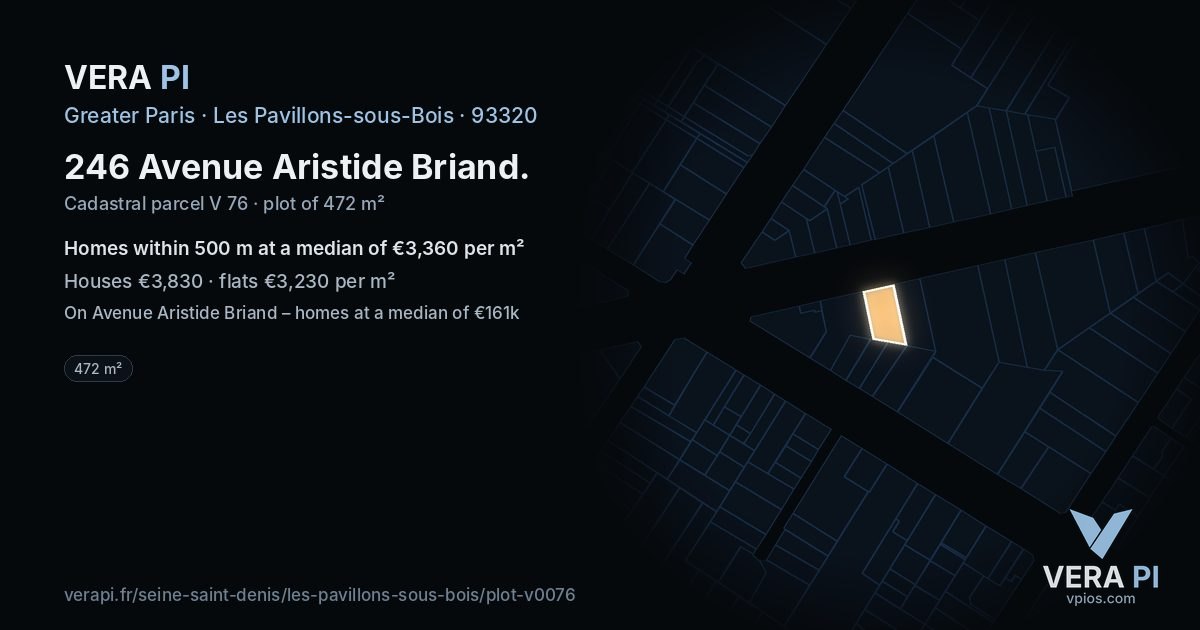 246 Avenue Aristide Briand, Les Pavillons-sous-Bois at night – the plot lit, the parcels around coloured by the prices near them