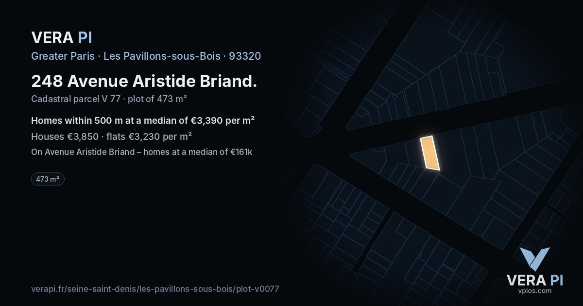248 Avenue Aristide Briand, Les Pavillons-sous-Bois at night – the plot lit, the parcels around coloured by the prices near them