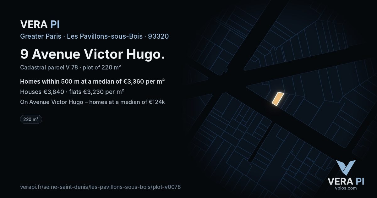 9 Avenue Victor Hugo, Les Pavillons-sous-Bois at night – the plot lit, the parcels around coloured by the prices near them
