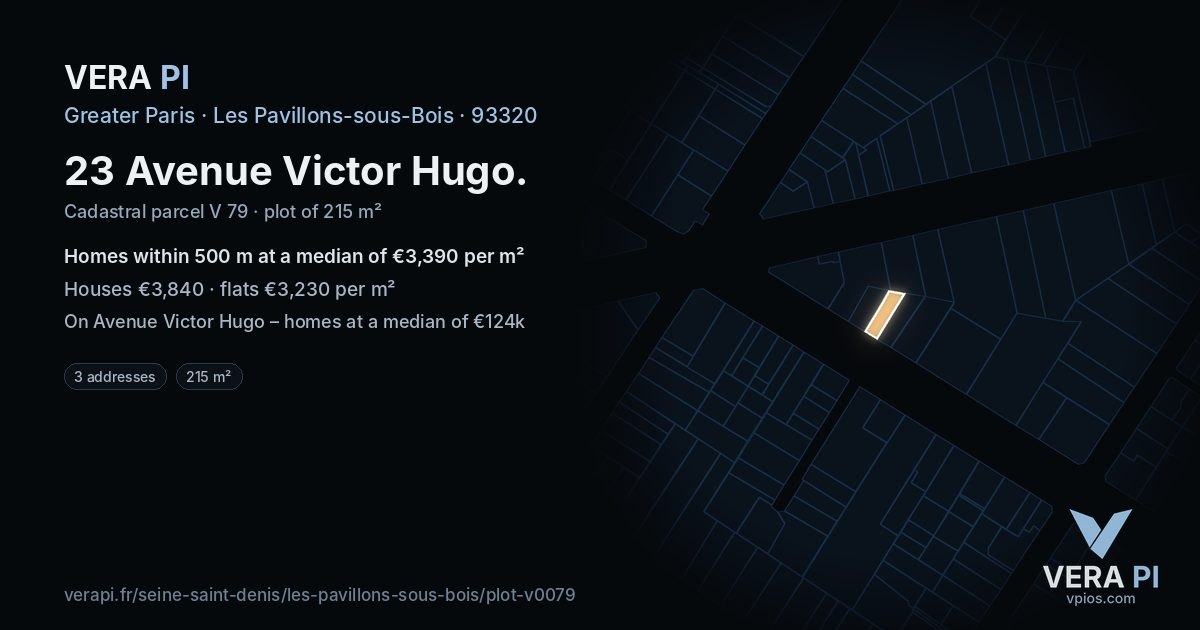 23 Avenue Victor Hugo, Les Pavillons-sous-Bois at night – the plot lit, the parcels around coloured by the prices near them