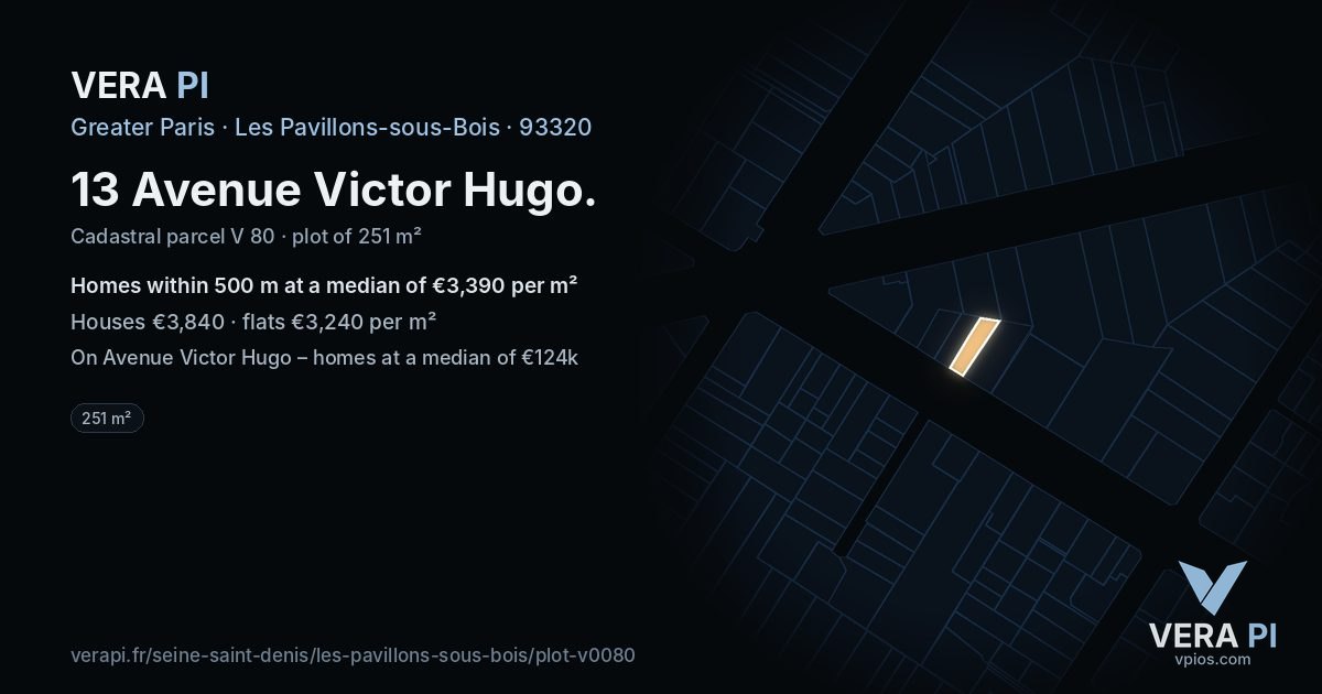 13 Avenue Victor Hugo, Les Pavillons-sous-Bois at night – the plot lit, the parcels around coloured by the prices near them