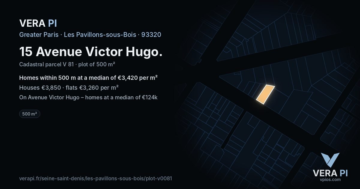 15 Avenue Victor Hugo, Les Pavillons-sous-Bois at night – the plot lit, the parcels around coloured by the prices near them
