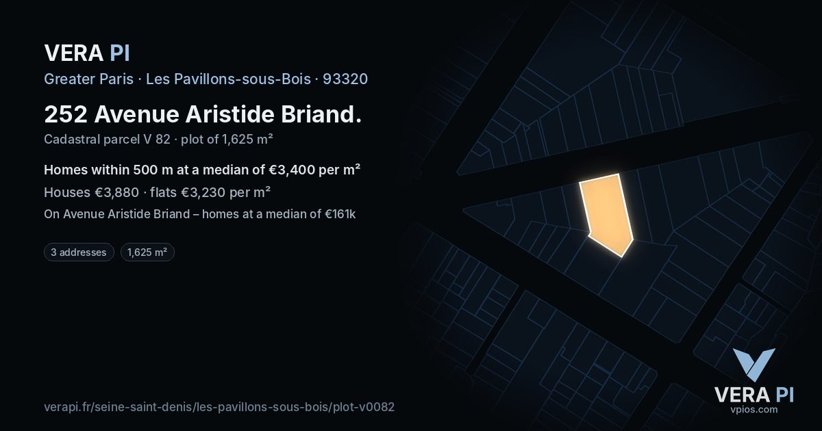 252 Avenue Aristide Briand, Les Pavillons-sous-Bois at night – the plot lit, the parcels around coloured by the prices near them