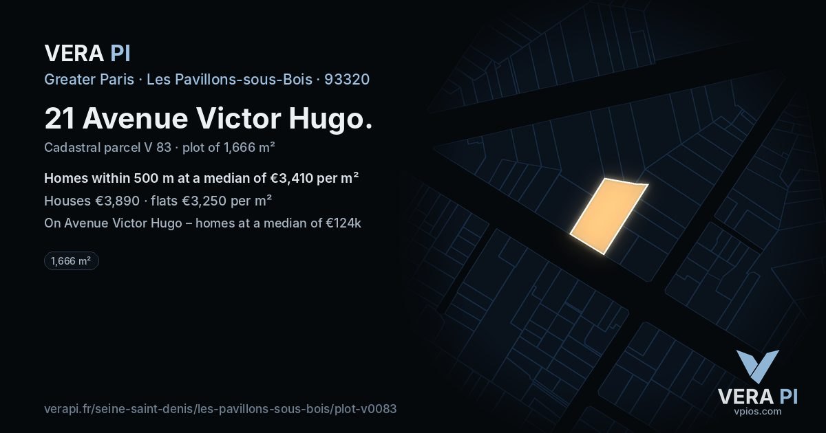 21 Avenue Victor Hugo, Les Pavillons-sous-Bois at night – the plot lit, the parcels around coloured by the prices near them
