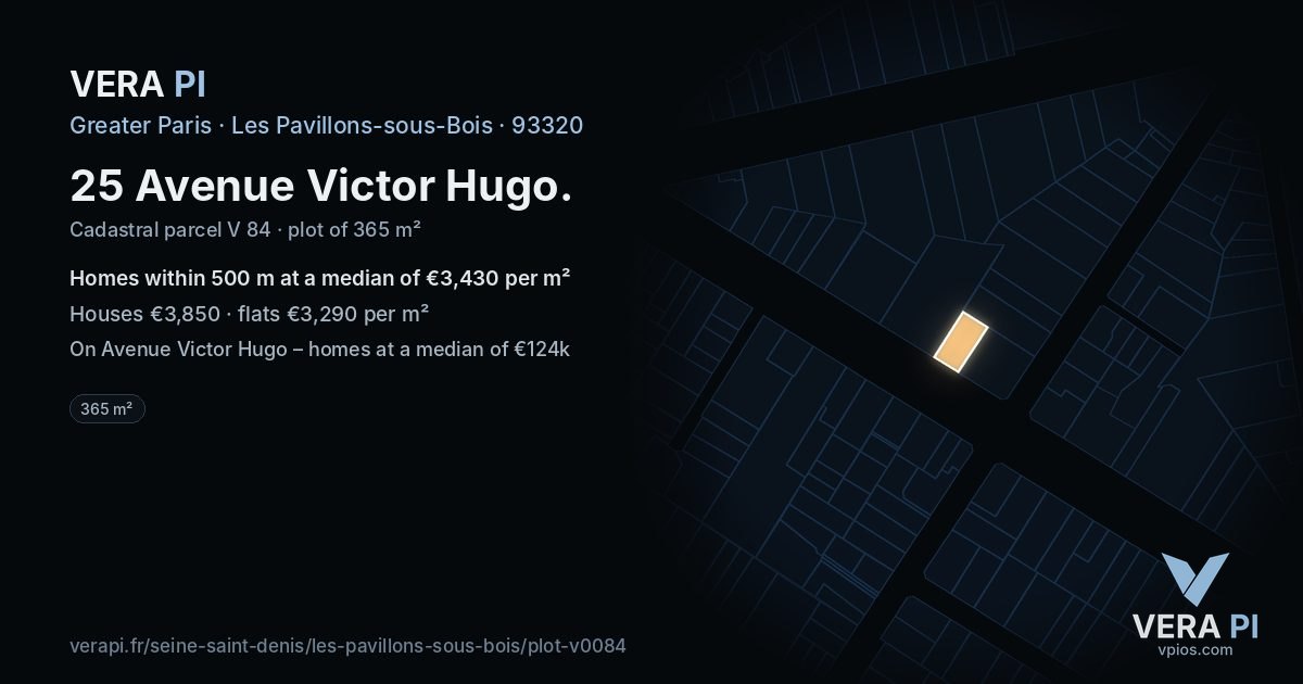 25 Avenue Victor Hugo, Les Pavillons-sous-Bois at night – the plot lit, the parcels around coloured by the prices near them