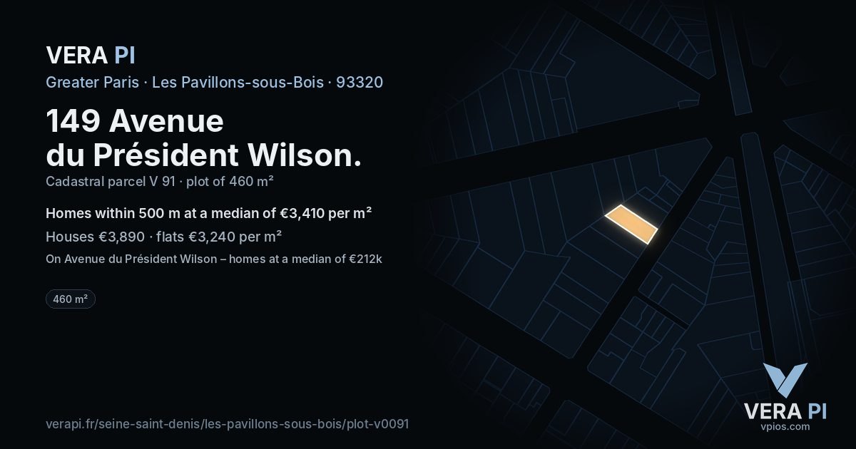 149 Avenue du Président Wilson, Les Pavillons-sous-Bois at night – the plot lit, the parcels around coloured by the prices near them