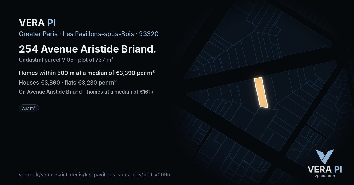 254 Avenue Aristide Briand, Les Pavillons-sous-Bois at night – the plot lit, the parcels around coloured by the prices near them