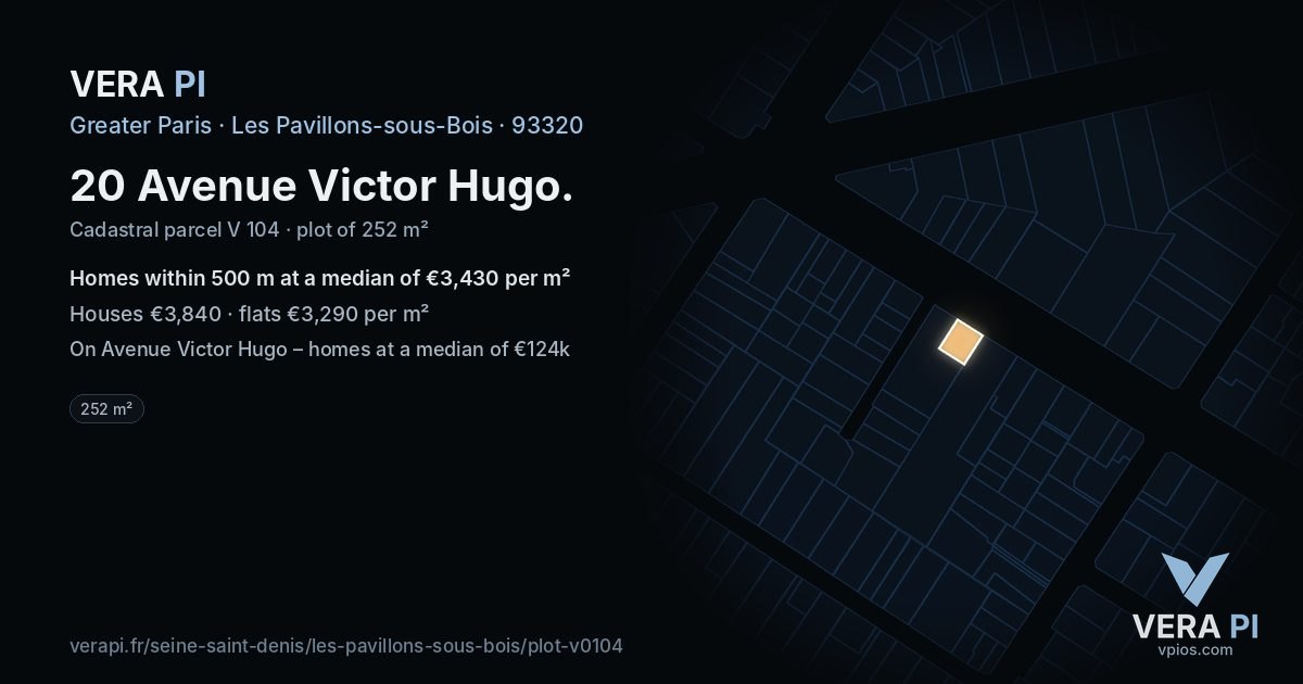 20 Avenue Victor Hugo, Les Pavillons-sous-Bois at night – the plot lit, the parcels around coloured by the prices near them