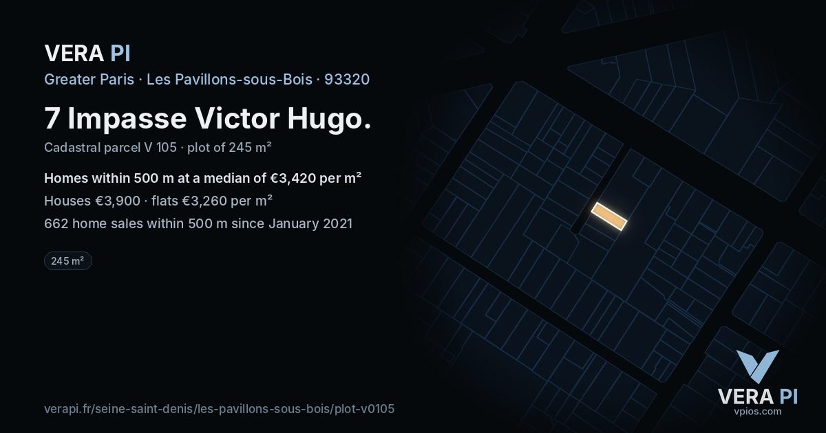 7 Impasse Victor Hugo, Les Pavillons-sous-Bois at night – the plot lit, the parcels around coloured by the prices near them