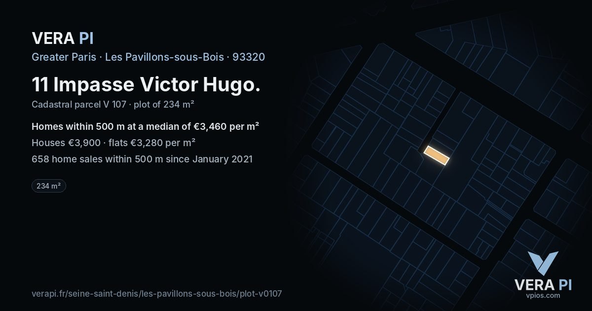 11 Impasse Victor Hugo, Les Pavillons-sous-Bois at night – the plot lit, the parcels around coloured by the prices near them